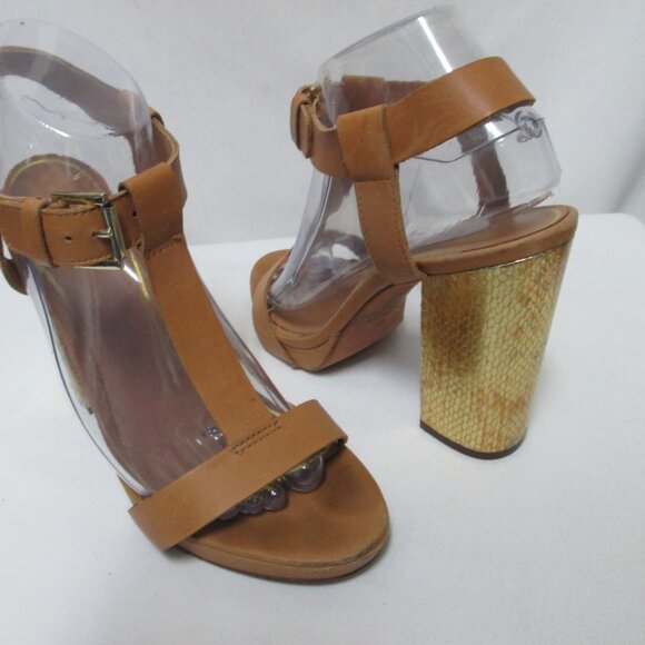 ASH Rachel tan gold buckle platform block heels sandals Size Sz 39 8 - Picture 2 of 11